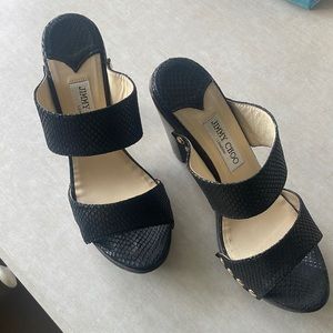 Jimmy Choo black embossed leather double strap high heel sandals